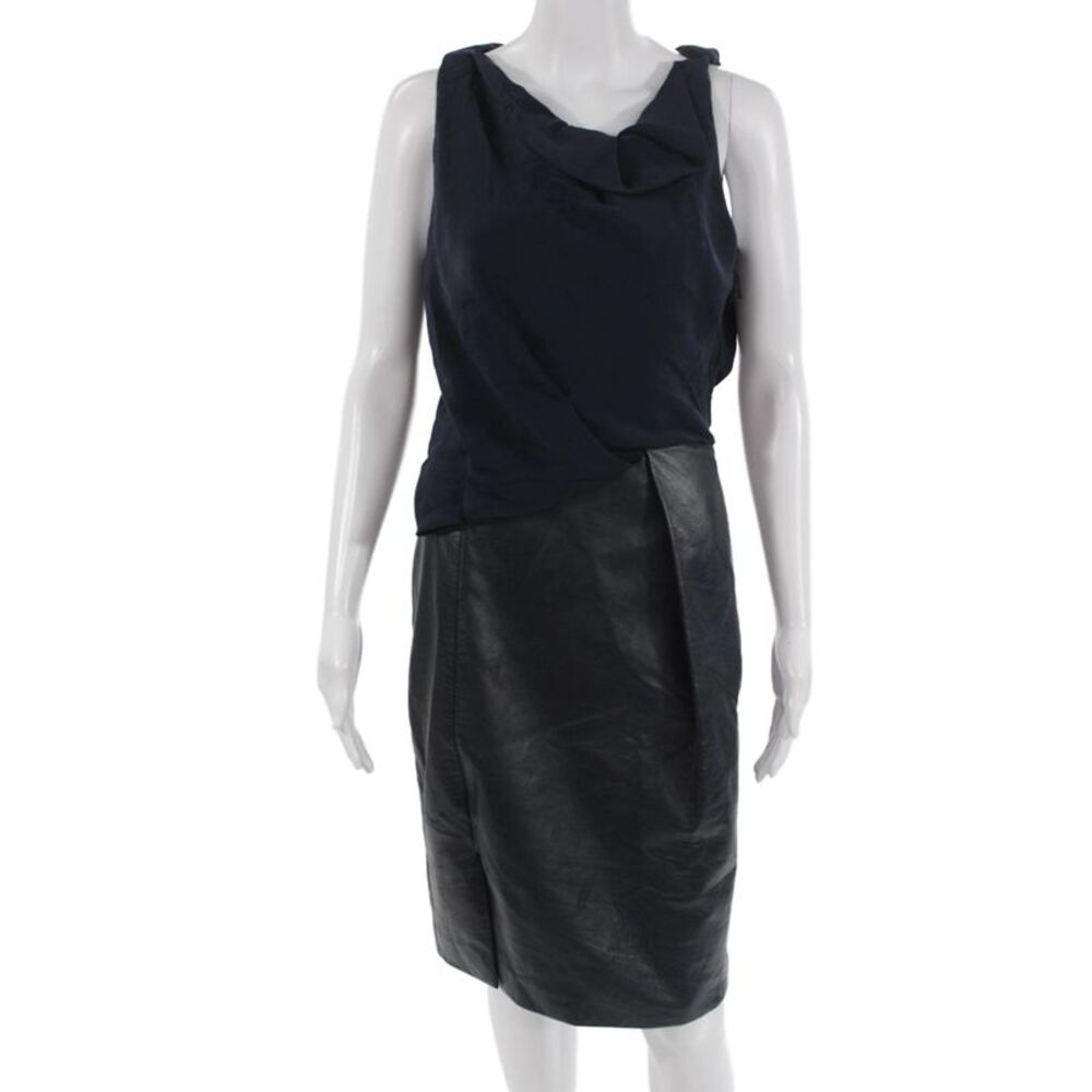 J. Mendel Womens Sheath Dress Dark Blue Leather Sleeveless Knee Length Size 4